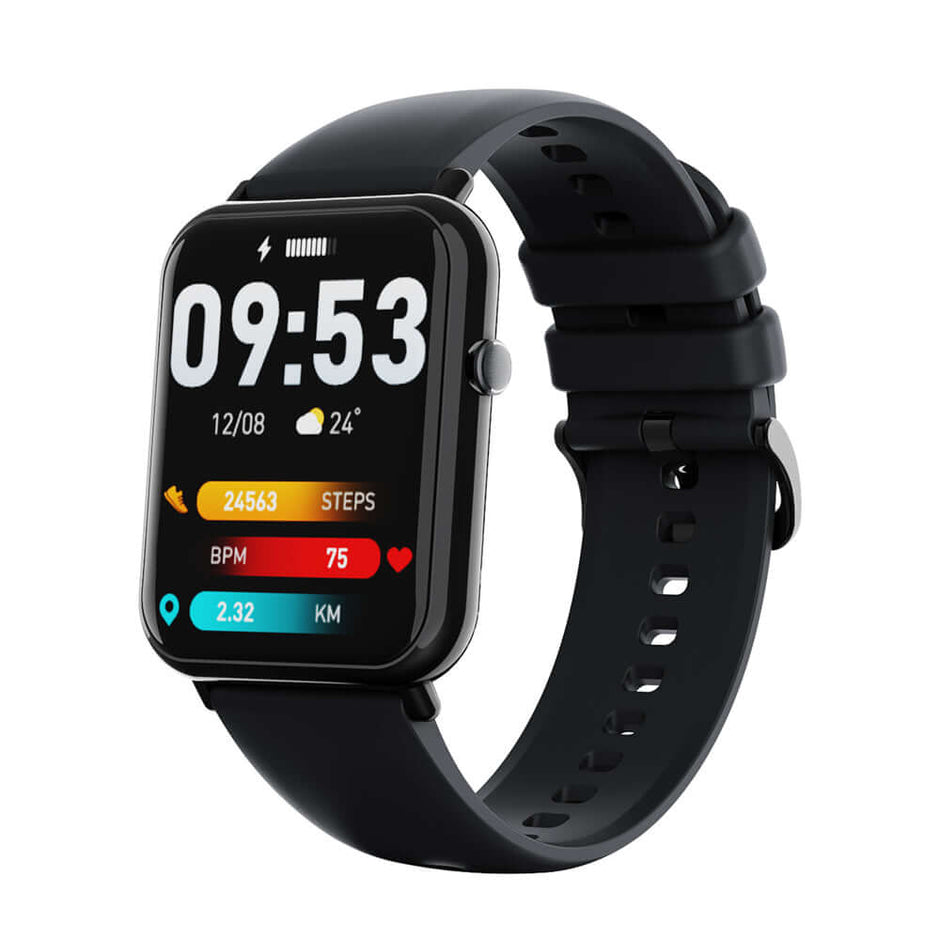 Q19 PRO Smart Watch with large 1.69-inch display showing fitness stats, time, and notifications.
