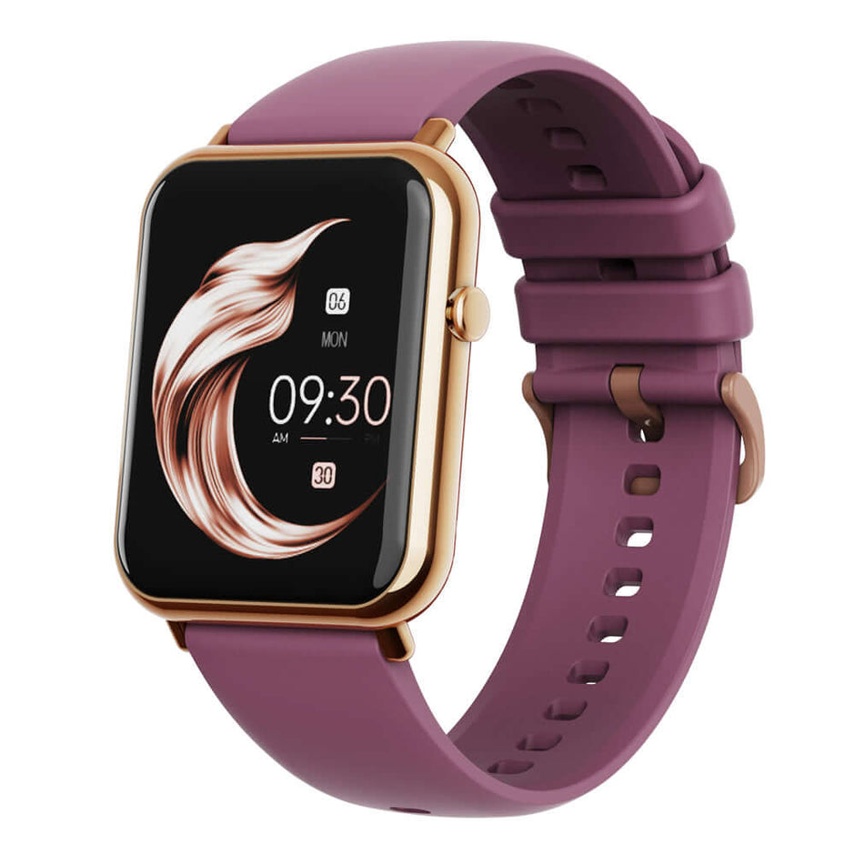 Q19 PRO Smart Watch in rose gold with a burgundy strap and stylish display showing time.