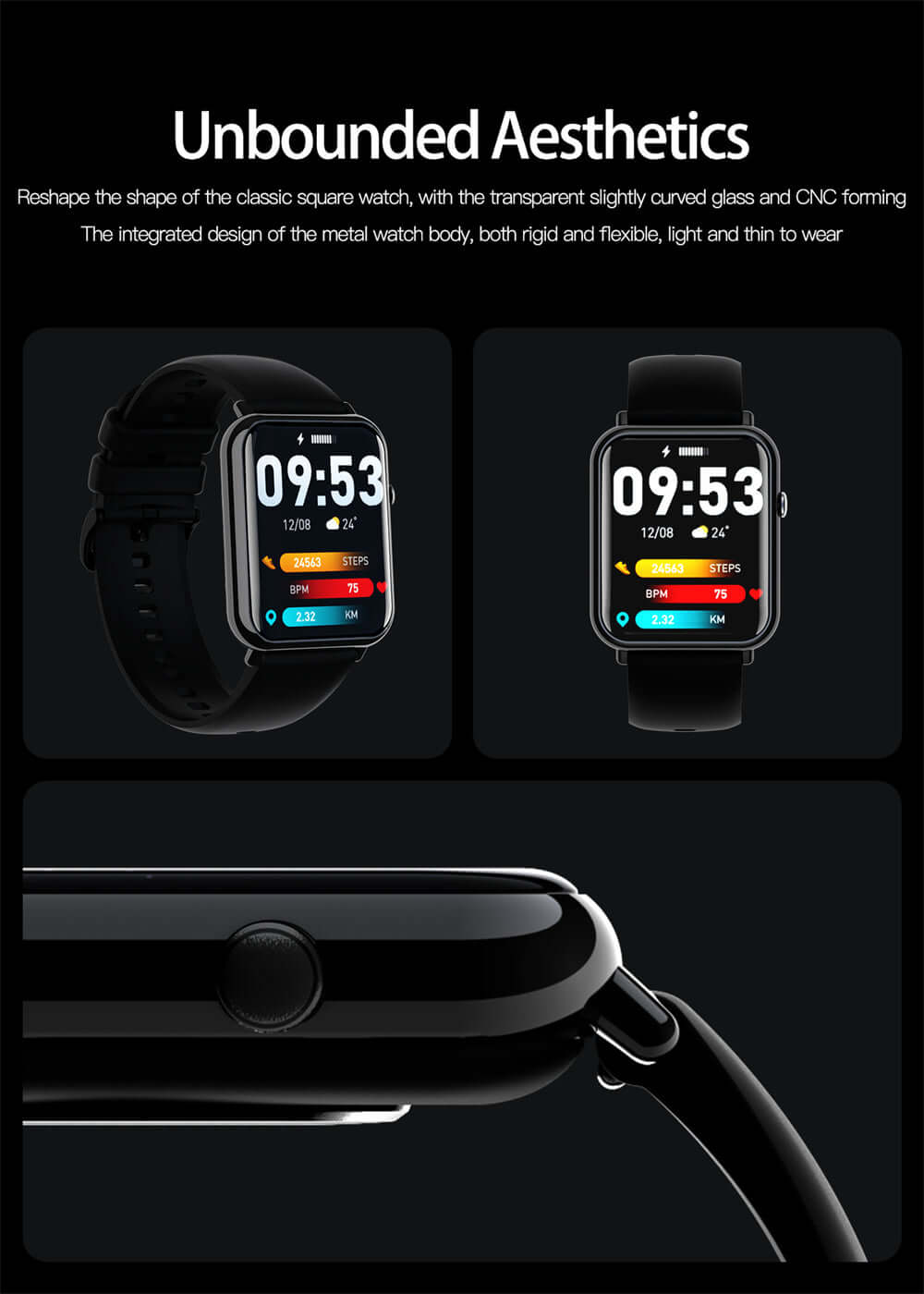 Q19 PRO Smart Watch showcasing unbounded aesthetics with a sleek design and curved glass.