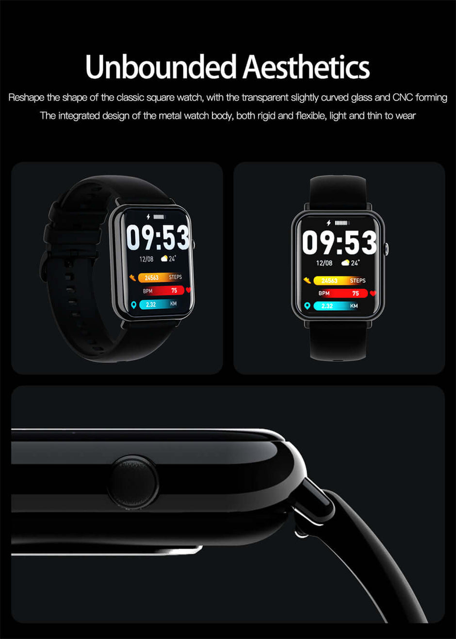 Q19 PRO Smart Watch showcasing unbounded aesthetics with a sleek design and curved glass.