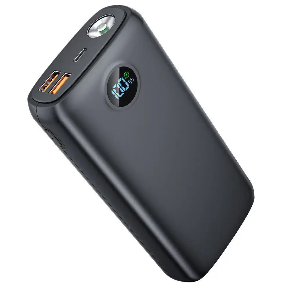 Rapid Charge Power Bank with LED display and USB ports for fast charging devices.