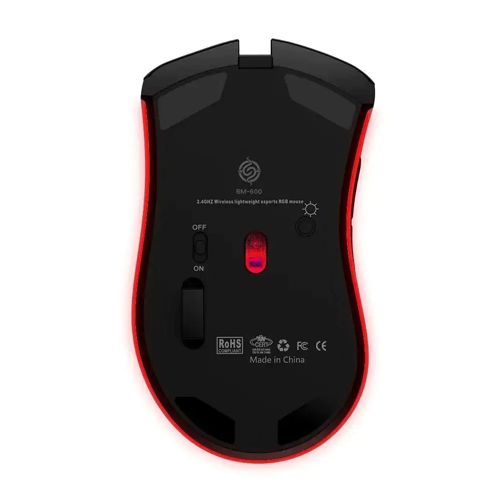 Rechargeable Wireless RGB Gaming Mouse underside view with red lighting and control buttons.