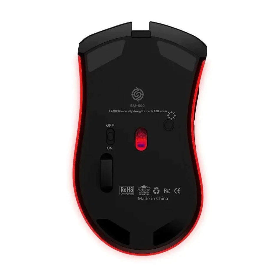 Rechargeable Wireless RGB Gaming Mouse underside view with red lighting and control buttons.