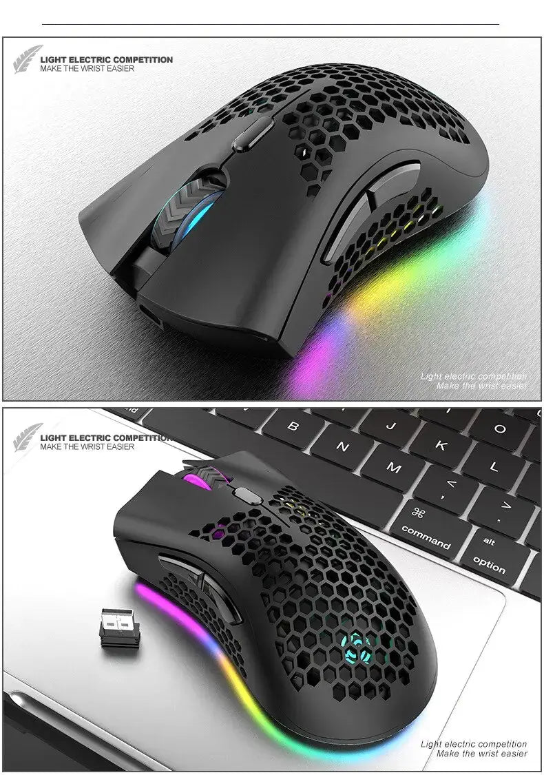 Rechargeable Wireless RGB Gaming Mouse with RGB lighting on a laptop keyboard.