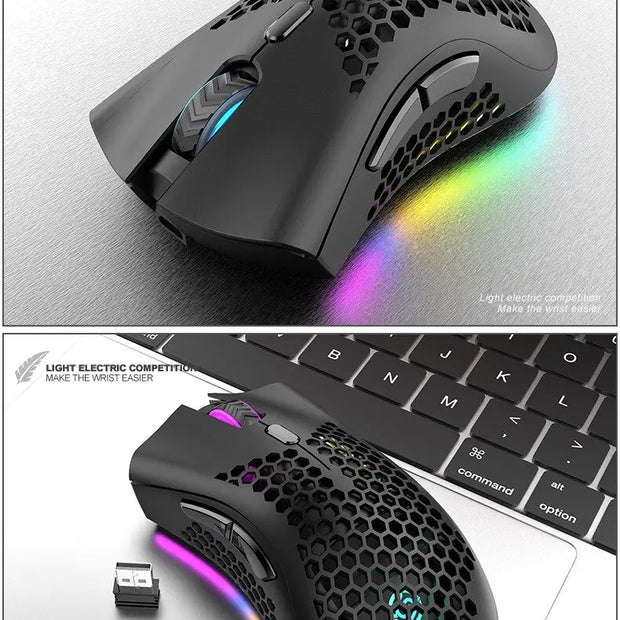 Rechargeable Wireless RGB Gaming Mouse with RGB lighting on a laptop keyboard.