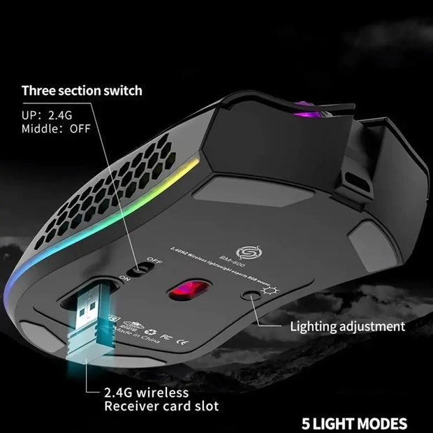 Rechargeable Wireless RGB Gaming Mouse with three section switch and lighting adjustment features