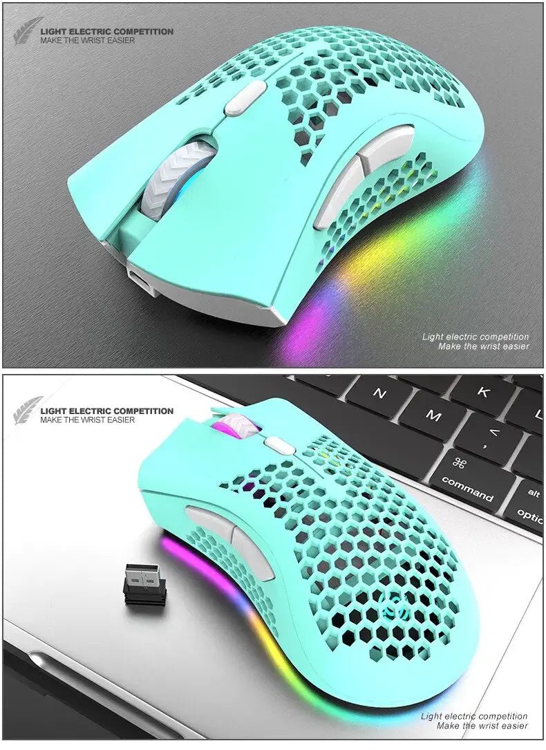 Rechargeable Wireless RGB Gaming Mouse featuring RGB lighting and ergonomic design on a laptop surface.