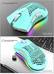 Rechargeable Wireless RGB Gaming Mouse featuring RGB lighting and ergonomic design on a laptop surface.