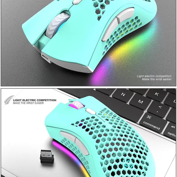 Rechargeable Wireless RGB Gaming Mouse featuring RGB lighting and ergonomic design on a laptop surface.
