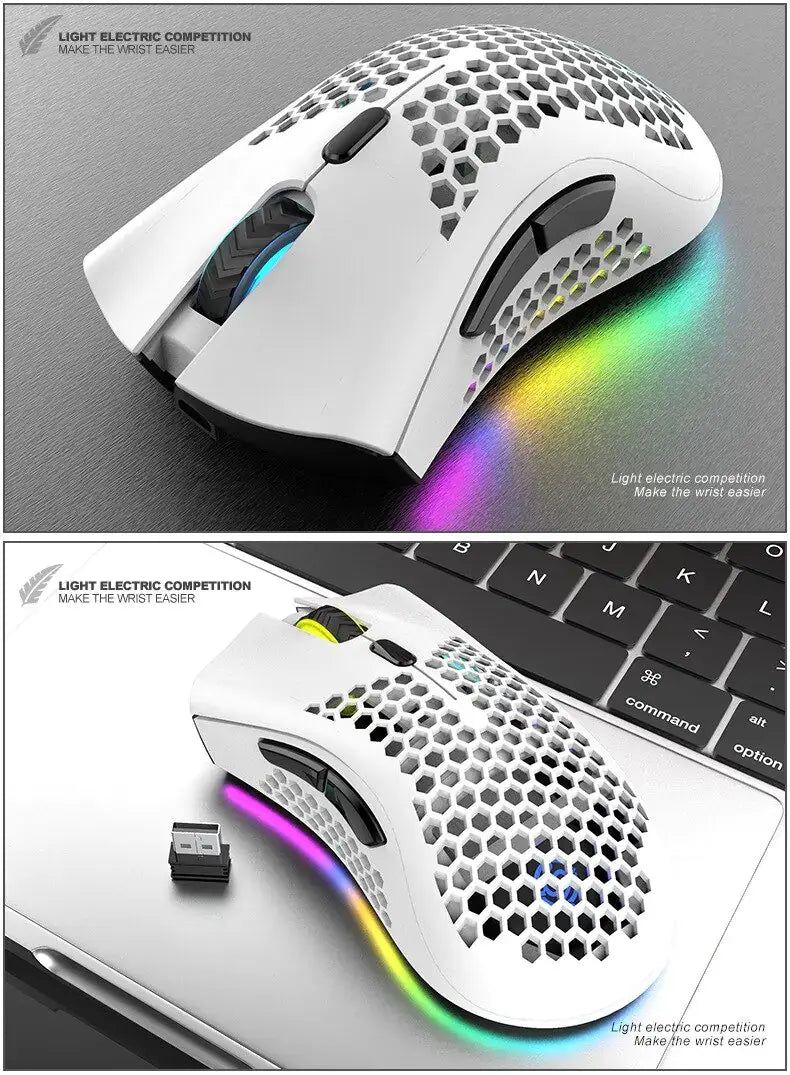 Rechargeable Wireless RGB Gaming Mouse showcasing sleek design and colorful lighting on a workspace.