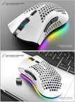 Rechargeable Wireless RGB Gaming Mouse showcasing sleek design and colorful lighting on a workspace.