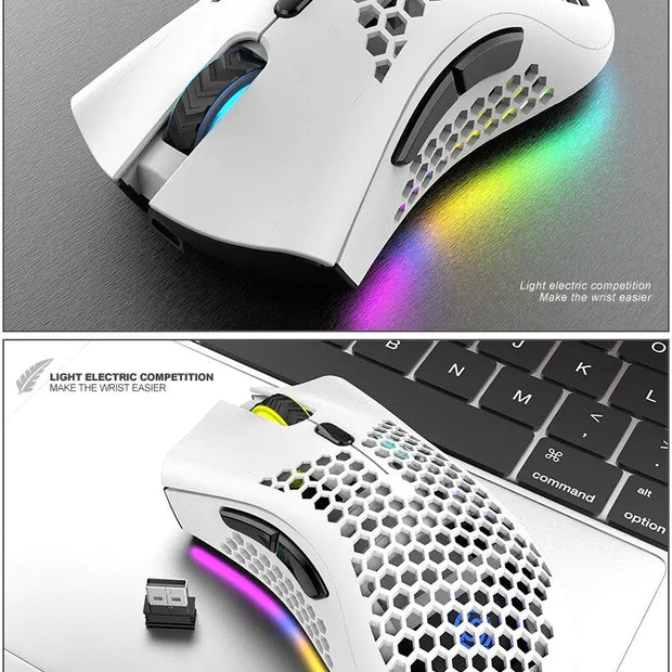 Rechargeable Wireless RGB Gaming Mouse showcasing sleek design and colorful lighting on a workspace.