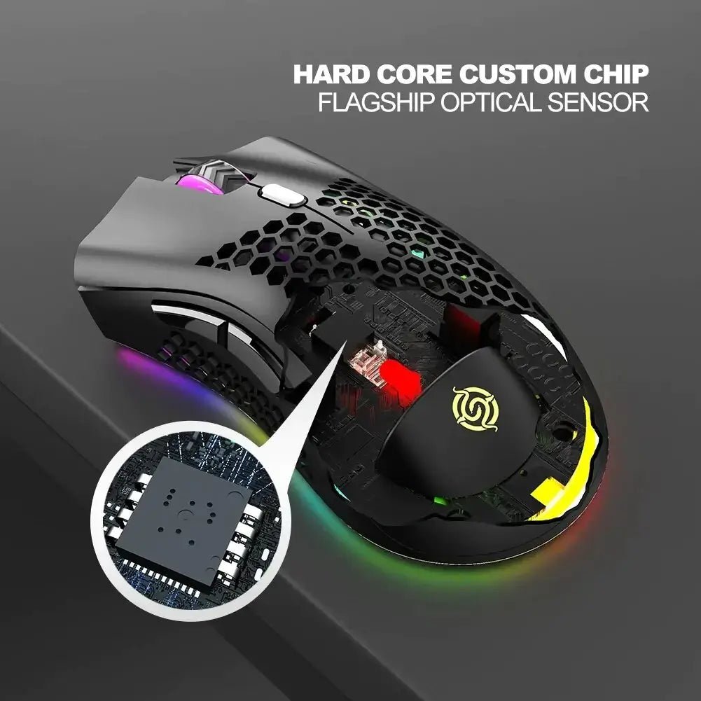 Rechargeable Wireless RGB Gaming Mouse showing hard core custom chip and flagship optical sensor.