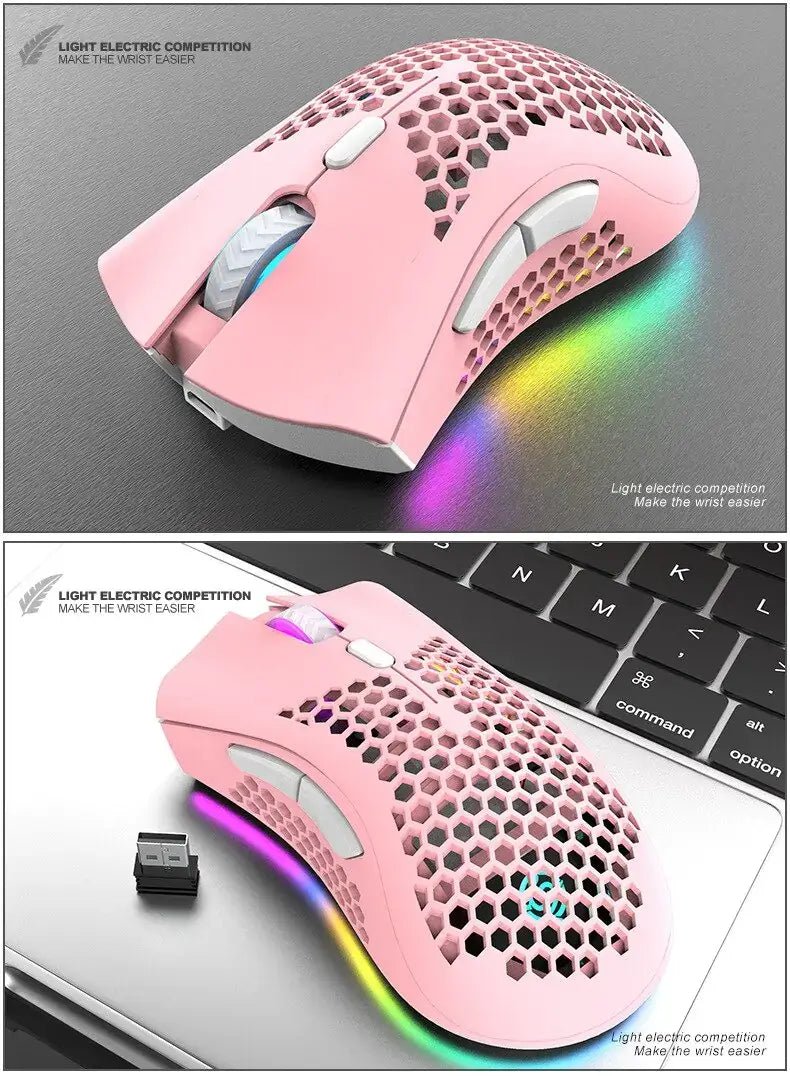 Rechargeable Wireless RGB Gaming Mouse with honeycomb design and RGB lighting on a laptop