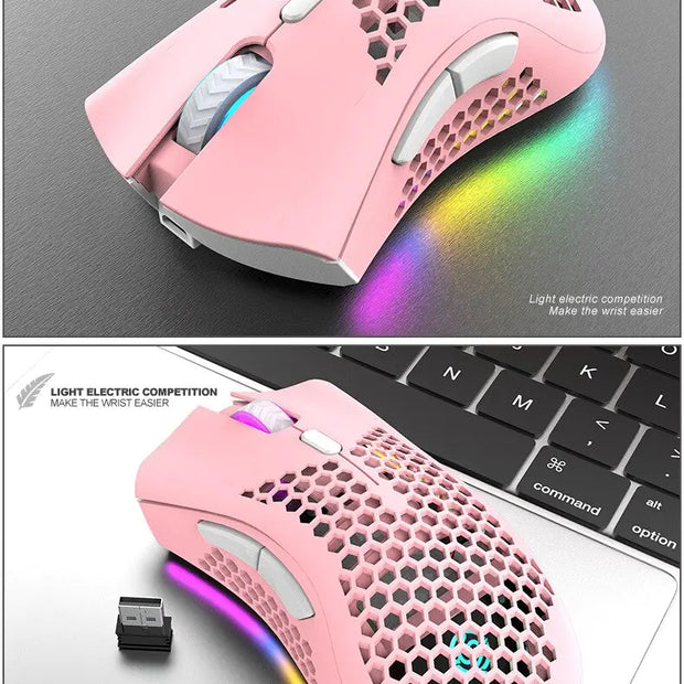 Rechargeable Wireless RGB Gaming Mouse with honeycomb design and RGB lighting on a laptop
