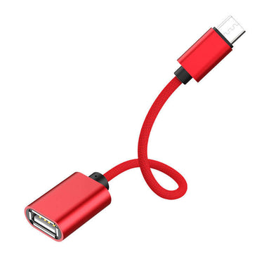 U Disk Mouse Keyboard Card Reader Applicable Cable in red fabric design with Micro USB interface.
