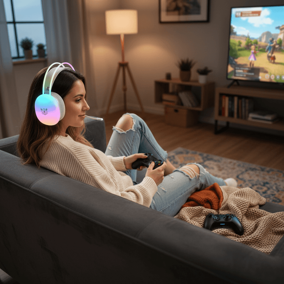 Woman using RGB Gaming Headset while playing video games on a couch in a stylish living room.