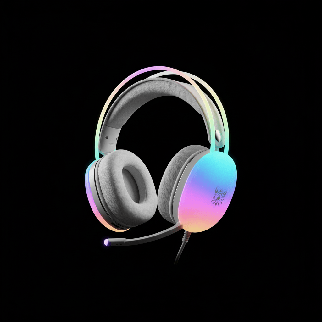 RGB Gaming Headset with colorful lighting and adjustable microphone for immersive gameplay.