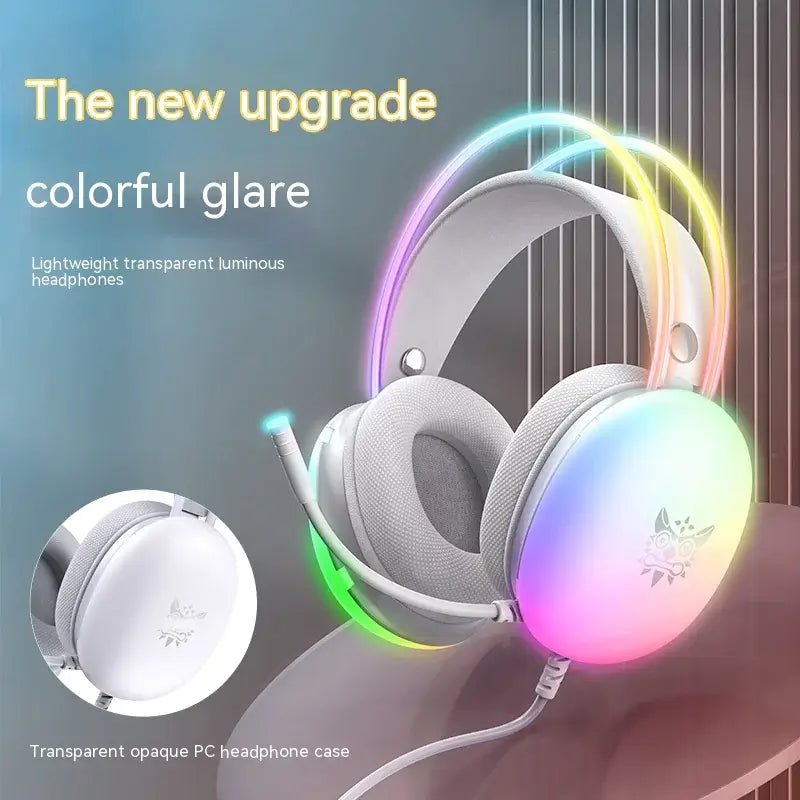 RGB Gaming Headset with colorful glare and lightweight design for immersive gameplay.