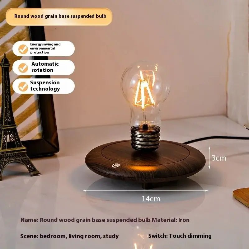 Mystical Floating Desk Lamp with round wood grain base and suspended bulb, showcasing innovative design and functionality.