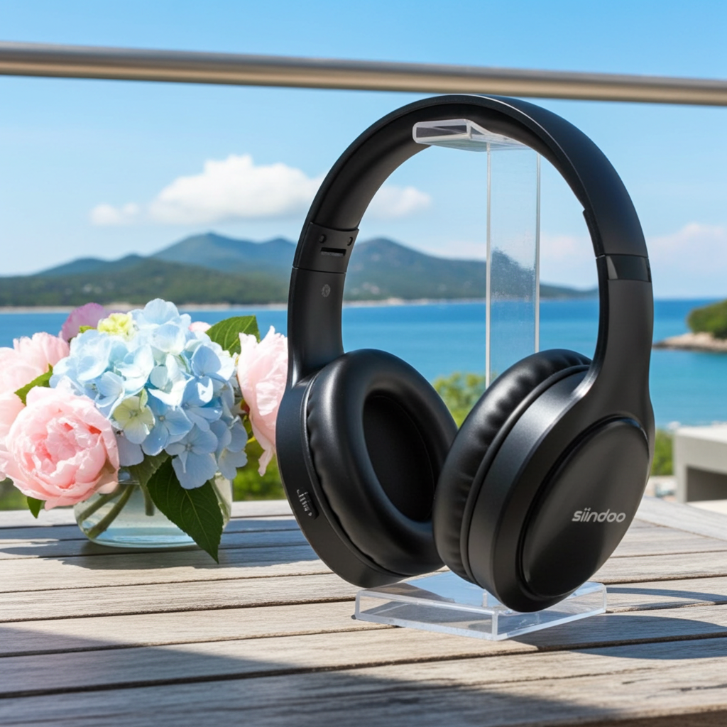 Siindoo JH919 Wireless Bluetooth Headphones displayed outdoors with flowers and a scenic view.