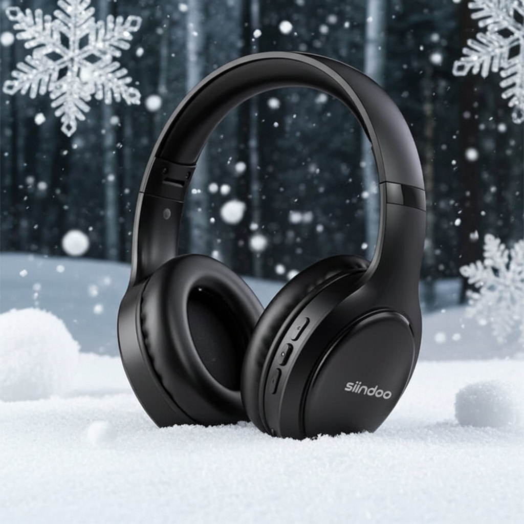 Siindoo JH919 Wireless Bluetooth Headphones in a snowy setting with snowflakes in the background.