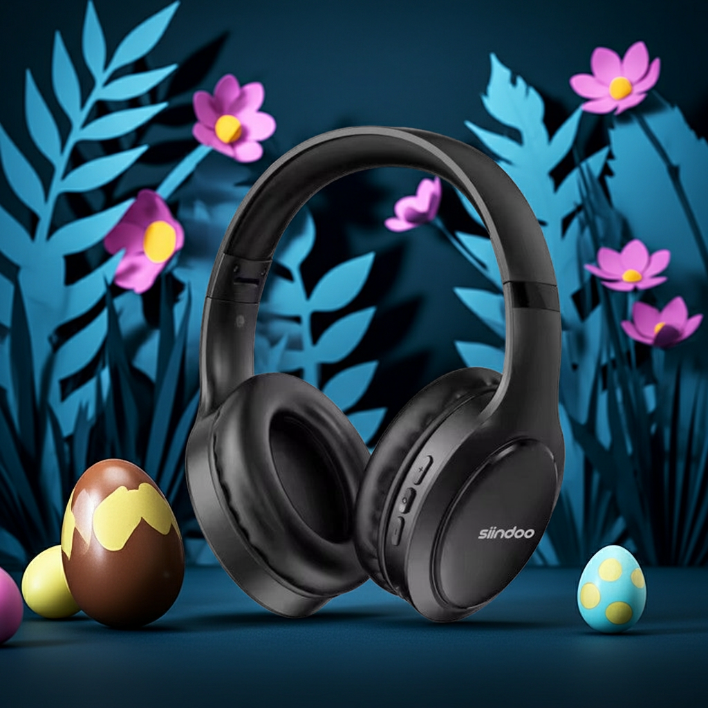 Siindoo JH919 Wireless Bluetooth Headphones showcased against a colorful floral background with decorative eggs.