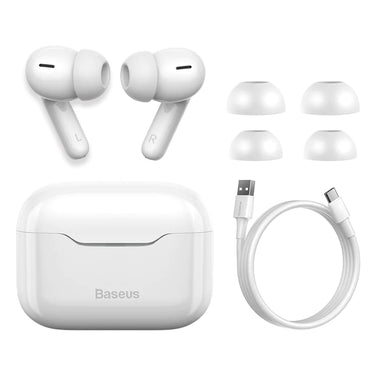 Silent Waterproof Earbuds set including charging case, USB cable, and multiple ear tips by Baseus.