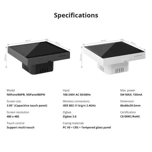 Specifications of Smart Home Control Hub including models, screen size, resolution, and connectivity details.