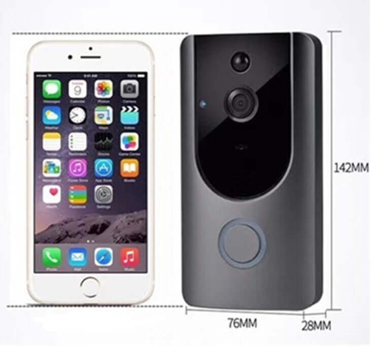 Smart Home Doorbell Vision next to an iPhone, showcasing the doorbell's size and features for home security.