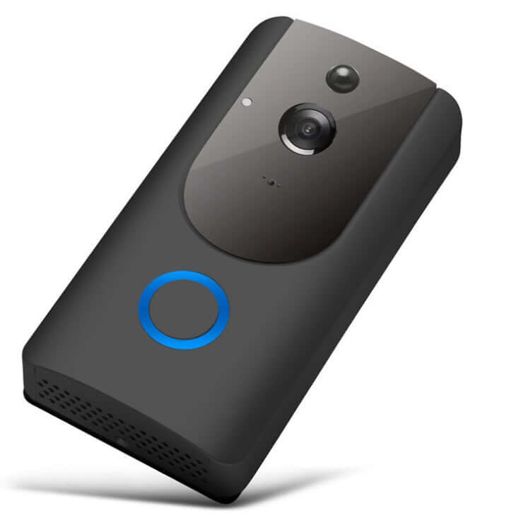 Smart Home Doorbell Vision in black with a camera and blue button for enhanced home security.