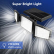 Solar Outdoor Lights, With Remote Control showcasing super bright illumination with 210 LEDs and 2500 lumens.