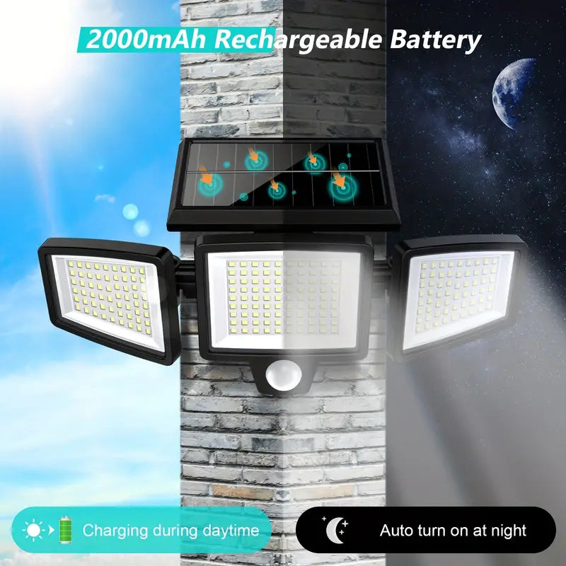Solar Outdoor Lights, With Remote Control featuring 2000mAh rechargeable battery and adjustable lighting heads.
