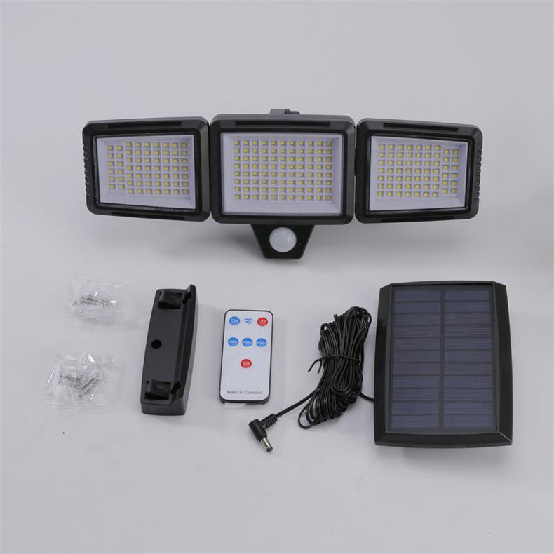 Solar Outdoor Lights, With Remote Control, featuring three LED heads, remote, and solar panel for energy-saving illumination.