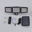 Solar Outdoor Lights, With Remote Control, featuring three LED heads, remote, and solar panel for energy-saving illumination.