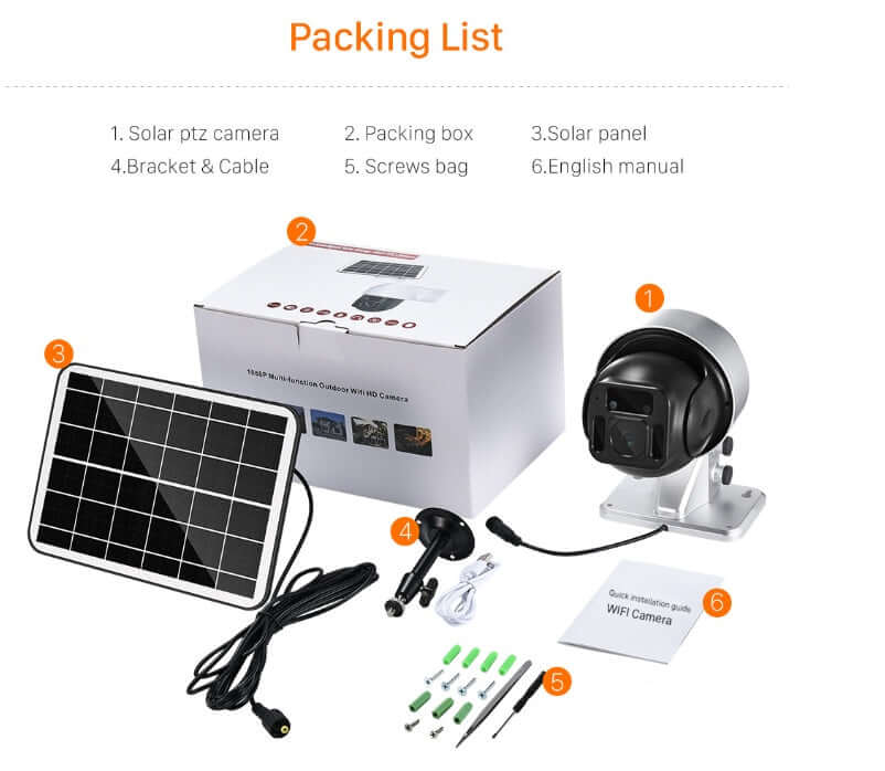 Packing list for Solar Powered Wireless WiFi Surveillance Camera including mount, solar panel, and accessories.