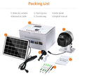 Packing list for Solar Powered Wireless WiFi Surveillance Camera including mount, solar panel, and accessories.