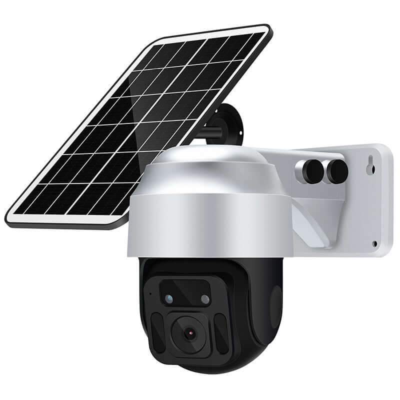 Solar Powered Wireless WiFi Surveillance Camera with solar panel and dome design for monitoring.