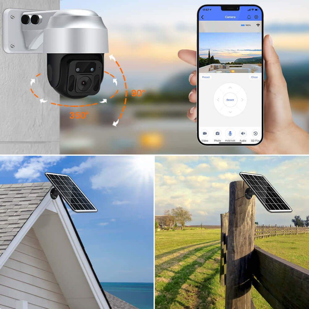 Solar Powered Wireless WiFi Surveillance Camera with remote access, 360° rotation, and solar panel installation.