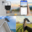 Solar Powered Wireless WiFi Surveillance Camera with remote access, 360° rotation, and solar panel installation.
