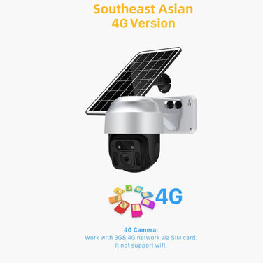 Solar Powered Wireless WiFi Surveillance Camera with 4G capability and solar panel for off-grid monitoring.