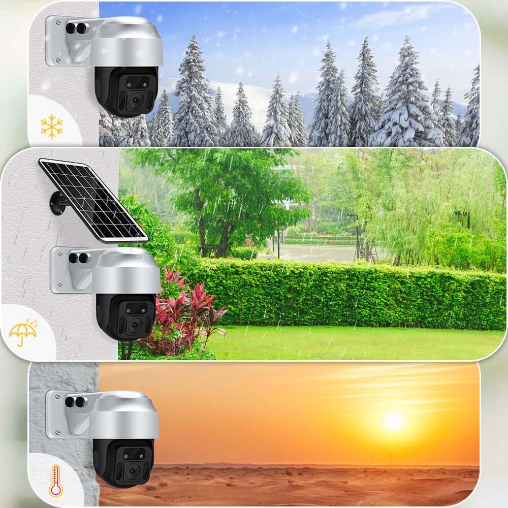 Solar Powered Wireless WiFi Surveillance Camera in different weather conditions: snowy, rainy, and sunny environments.
