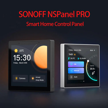 SONOFF NSPanel PRO Smart Home Control Hub with display showing temperature and control options