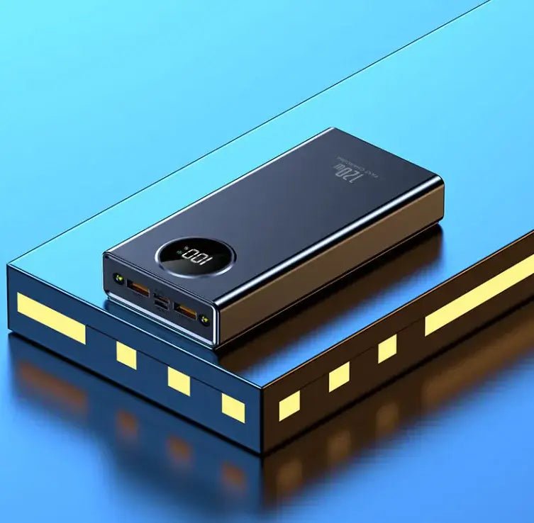 Super Fast Charge Power Bank resting on a stylish surface, highlighting its sleek design and charging ports.