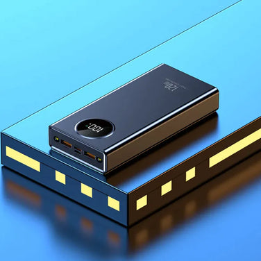 Super Fast Charge Power Bank resting on a stylish surface, highlighting its sleek design and charging ports.