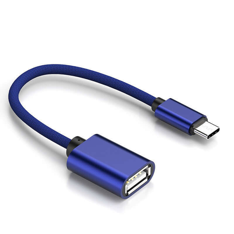 U Disk Mouse Keyboard Card Reader Applicable Cable in blue fabric, connecting Micro USB to USB.