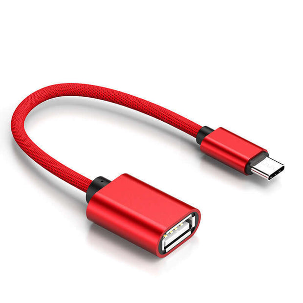 U Disk Mouse Keyboard Card Reader Applicable Cable in carmine color with fabric wire and aluminum alloy joint.