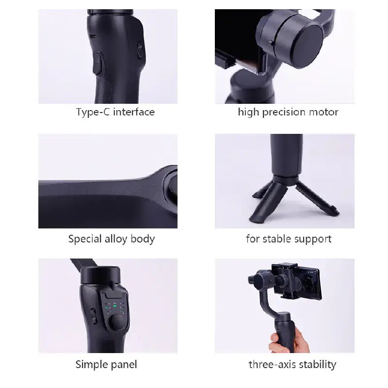 Ultimate Phone Steady Tripod features including Type-C interface, high precision motor, and three-axis stability.