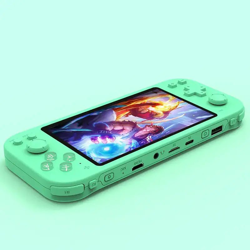 Ultimate Retro Gaming Console in mint green with vibrant display and controls.