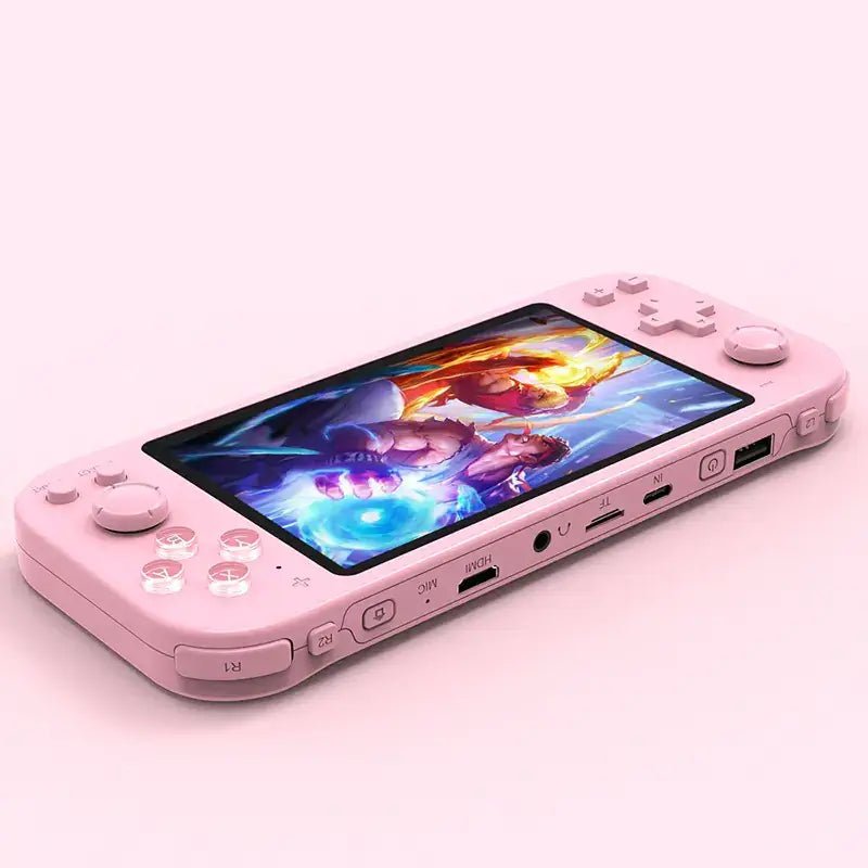 Ultimate Retro Gaming Console in pink featuring a vibrant display and portable design for nostalgic gaming.